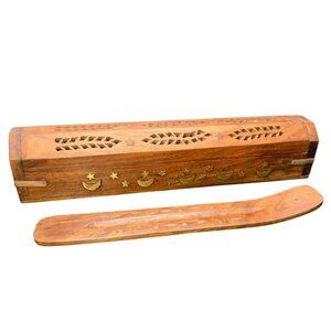 Handcrafted Wooden Incense Holder Box With Moon & Star Inlay Design DH1313